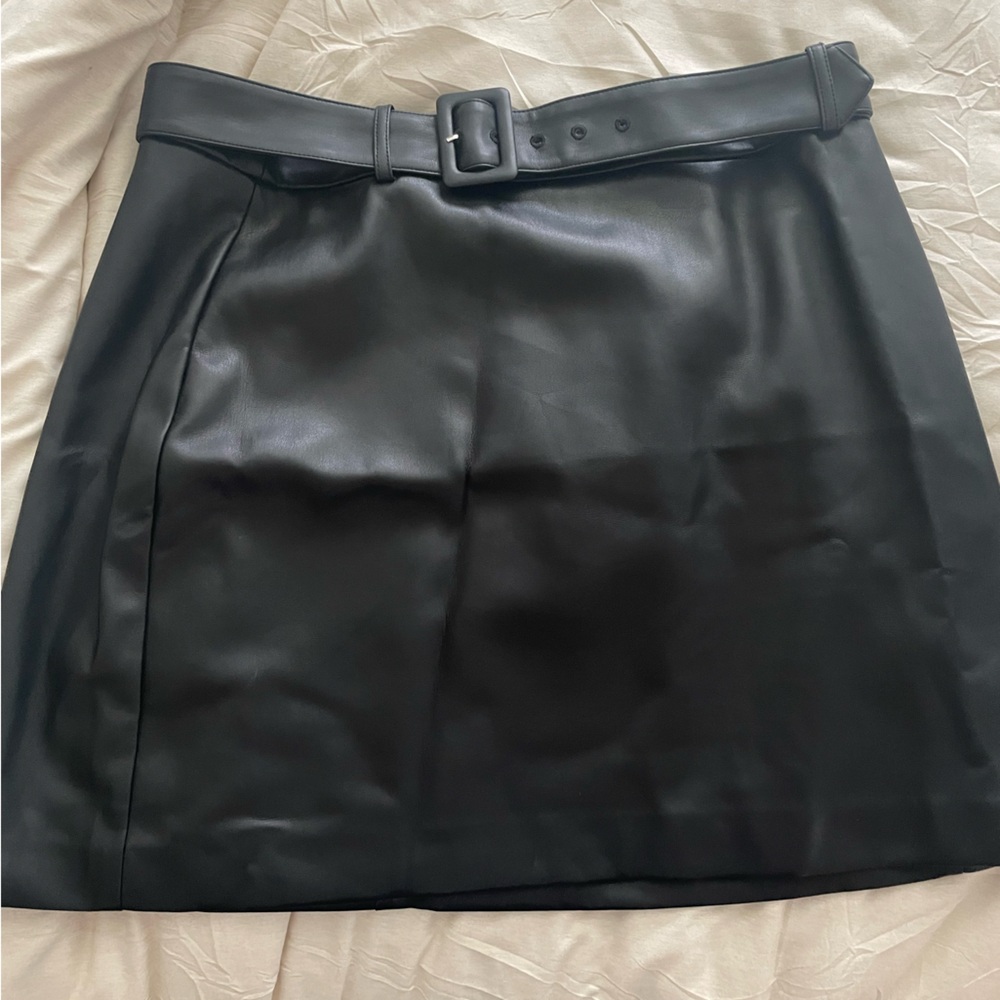 Ann Taylor Loft Black Faux leather skirt. Belted.